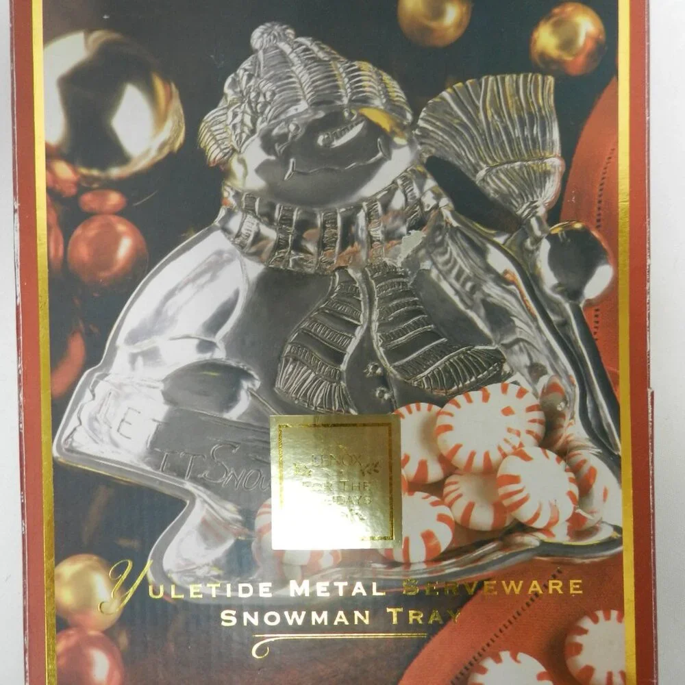 Lenox Yuletide Metal Serveware Snowman Tray Christmas Holidays Candy Dish w/ Box